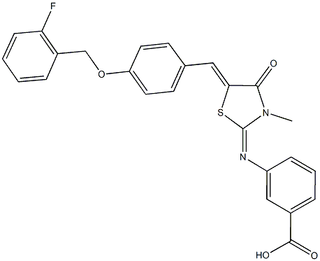 3-[(5-{4-[(2-fluorobenzyl)oxy]benzylidene}-3-methyl-4-oxo-1,3-thiazolidin-2-ylidene)amino]benzoic acid Structure