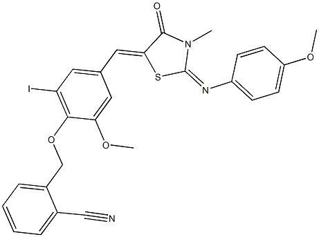 2-{[2-iodo-6-methoxy-4-({2-[(4-methoxyphenyl)imino]-3-methyl-4-oxo-1,3-thiazolidin-5-ylidene}methyl)phenoxy]methyl}benzonitrile Structure