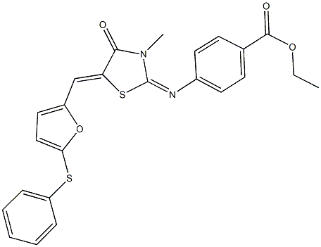 ethyl 4-[(3-methyl-4-oxo-5-{[5-(phenylsulfanyl)-2-furyl]methylene}-1,3-thiazolidin-2-ylidene)amino]benzoate 구조식 이미지