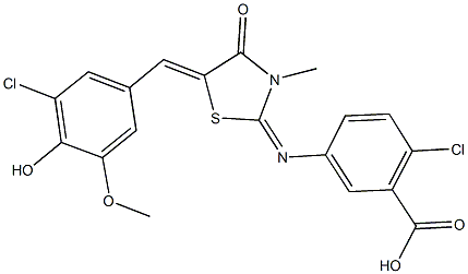 2-chloro-5-{[5-(3-chloro-4-hydroxy-5-methoxybenzylidene)-3-methyl-4-oxo-1,3-thiazolidin-2-ylidene]amino}benzoic acid Structure