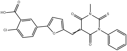 2-chloro-5-{5-[(1-methyl-4,6-dioxo-3-phenyl-2-thioxotetrahydro-5(2H)-pyrimidinylidene)methyl]-2-furyl}benzoic acid Structure