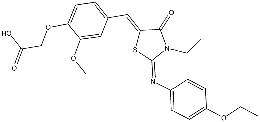 [4-({2-[(4-ethoxyphenyl)imino]-3-ethyl-4-oxo-1,3-thiazolidin-5-ylidene}methyl)-2-methoxyphenoxy]aceticacid Structure