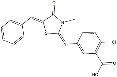 5-[(5-benzylidene-3-methyl-4-oxo-1,3-thiazolidin-2-ylidene)amino]-2-chlorobenzoic acid 구조식 이미지