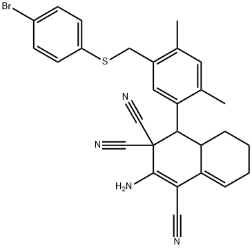 2-amino-4-(5-{[(4-bromophenyl)sulfanyl]methyl}-2,4-dimethylphenyl)-4a,5,6,7-tetrahydro-1,3,3(4H)-naphthalenetricarbonitrile Structure