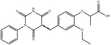 2-{4-[(4,6-dioxo-1-phenyl-2-thioxotetrahydropyrimidin-5(2H)-ylidene)methyl]-2-ethoxyphenoxy}propanoic acid Structure