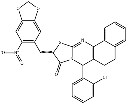 7-(2-chlorophenyl)-10-({6-nitro-1,3-benzodioxol-5-yl}methylene)-5,7-dihydro-6H-benzo[h][1,3]thiazolo[2,3-b]quinazolin-9(10H)-one Structure