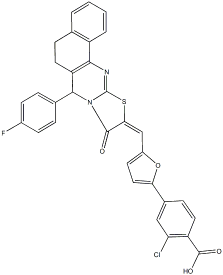 2-chloro-4-{5-[(7-(4-fluorophenyl)-9-oxo-5,7-dihydro-6H-benzo[h][1,3]thiazolo[2,3-b]quinazolin-10(9H)-ylidene)methyl]-2-furyl}benzoic acid Structure