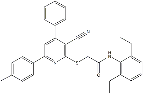 2-{[3-cyano-6-(4-methylphenyl)-4-phenyl-2-pyridinyl]sulfanyl}-N-(2,6-diethylphenyl)acetamide Structure
