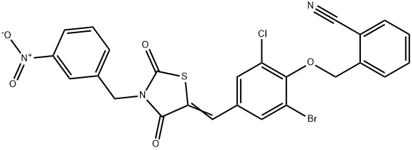 2-({2-bromo-6-chloro-4-[(3-{3-nitrobenzyl}-2,4-dioxo-1,3-thiazolidin-5-ylidene)methyl]phenoxy}methyl)benzonitrile Structure