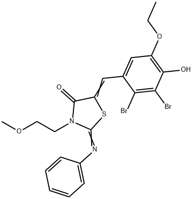 5-(2,3-dibromo-5-ethoxy-4-hydroxybenzylidene)-3-(2-methoxyethyl)-2-(phenylimino)-1,3-thiazolidin-4-one Structure