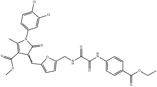 methyl 1-(3,4-dichlorophenyl)-4-{[5-({[[4-(ethoxycarbonyl)anilino](oxo)acetyl]amino}methyl)-2-furyl]methylene}-2-methyl-5-oxo-4,5-dihydro-1H-pyrrole-3-carboxylate 구조식 이미지