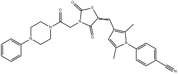 4-[3-({2,4-dioxo-3-[2-oxo-2-(4-phenyl-1-piperazinyl)ethyl]-1,3-thiazolidin-5-ylidene}methyl)-2,5-dimethyl-1H-pyrrol-1-yl]benzonitrile 구조식 이미지