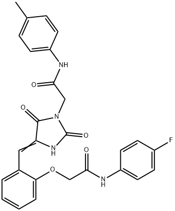 2-[2-({2,5-dioxo-1-[2-oxo-2-(4-toluidino)ethyl]imidazolidin-4-ylidene}methyl)phenoxy]-N-(4-fluorophenyl)acetamide Structure