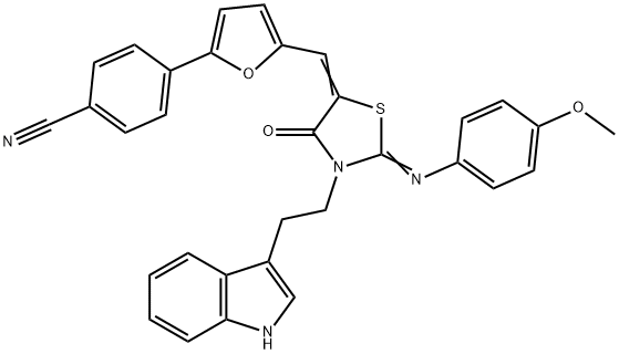 4-[5-({3-[2-(1H-indol-3-yl)ethyl]-2-[(4-methoxyphenyl)imino]-4-oxo-1,3-thiazolidin-5-ylidene}methyl)-2-furyl]benzonitrile 구조식 이미지