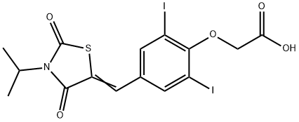 {2,6-diiodo-4-[(3-isopropyl-2,4-dioxo-1,3-thiazolidin-5-ylidene)methyl]phenoxy}acetic acid 구조식 이미지
