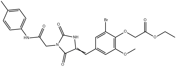 ethyl [2-bromo-4-({2,5-dioxo-1-[2-oxo-2-(4-toluidino)ethyl]-4-imidazolidinylidene}methyl)-6-methoxyphenoxy]acetate Structure