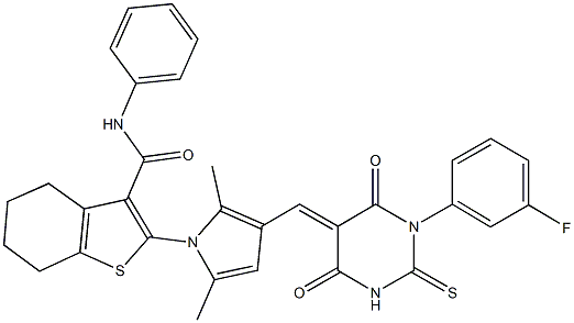 2-{3-[(1-(3-fluorophenyl)-4,6-dioxo-2-thioxotetrahydro-5(2H)-pyrimidinylidene)methyl]-2,5-dimethyl-1H-pyrrol-1-yl}-N-phenyl-4,5,6,7-tetrahydro-1-benzothiophene-3-carboxamide 구조식 이미지
