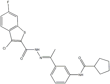 N-(3-{N-[(3-chloro-6-fluoro-1-benzothien-2-yl)carbonyl]ethanehydrazonoyl}phenyl)cyclopentanecarboxamide 구조식 이미지