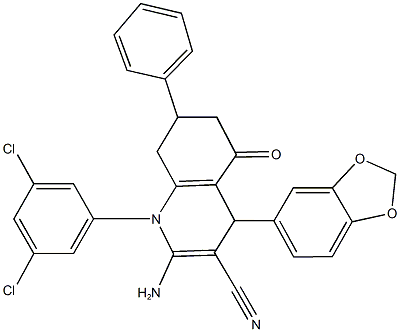 2-amino-4-(1,3-benzodioxol-5-yl)-1-(3,5-dichlorophenyl)-5-oxo-7-phenyl-1,4,5,6,7,8-hexahydro-3-quinolinecarbonitrile Structure