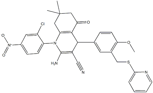 2-amino-1-{2-chloro-4-nitrophenyl}-4-{4-methoxy-3-[(pyridin-2-ylsulfanyl)methyl]phenyl}-7,7-dimethyl-5-oxo-1,4,5,6,7,8-hexahydroquinoline-3-carbonitrile 구조식 이미지