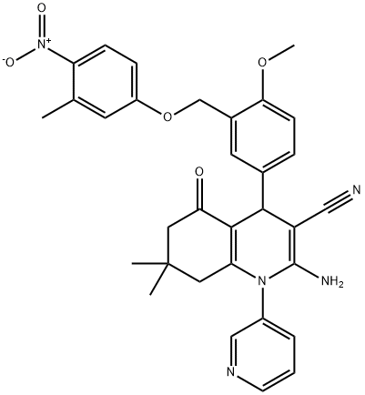 2-amino-4-[3-({4-nitro-3-methylphenoxy}methyl)-4-methoxyphenyl]-7,7-dimethyl-5-oxo-1-(3-pyridinyl)-1,4,5,6,7,8-hexahydro-3-quinolinecarbonitrile 구조식 이미지