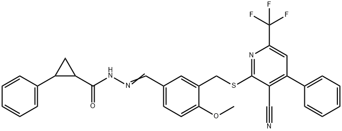 N'-[3-({[3-cyano-4-phenyl-6-(trifluoromethyl)-2-pyridinyl]sulfanyl}methyl)-4-methoxybenzylidene]-2-phenylcyclopropanecarbohydrazide 구조식 이미지