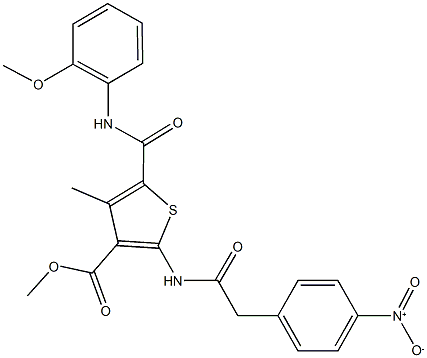 methyl 2-[({4-nitrophenyl}acetyl)amino]-5-[(2-methoxyanilino)carbonyl]-4-methyl-3-thiophenecarboxylate 구조식 이미지