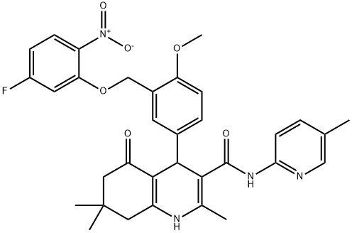 4-[3-({5-fluoro-2-nitrophenoxy}methyl)-4-methoxyphenyl]-2,7,7-trimethyl-N-(5-methylpyridin-2-yl)-5-oxo-1,4,5,6,7,8-hexahydroquinoline-3-carboxamide 구조식 이미지