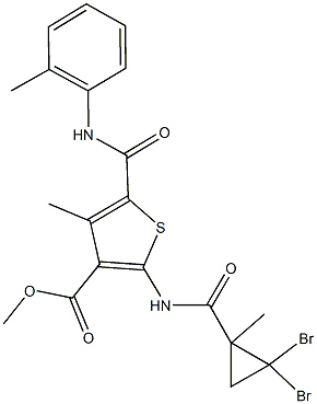 methyl 2-{[(2,2-dibromo-1-methylcyclopropyl)carbonyl]amino}-4-methyl-5-(2-toluidinocarbonyl)-3-thiophenecarboxylate 구조식 이미지