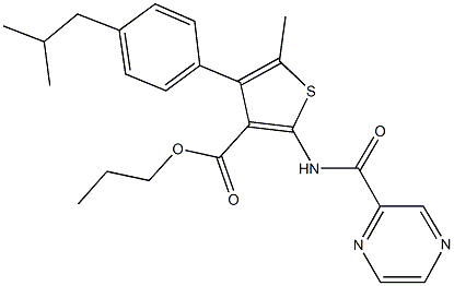 propyl 4-(4-isobutylphenyl)-5-methyl-2-[(2-pyrazinylcarbonyl)amino]-3-thiophenecarboxylate Structure