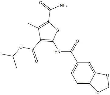 isopropyl 5-(aminocarbonyl)-2-[(1,3-benzodioxol-5-ylcarbonyl)amino]-4-methylthiophene-3-carboxylate Structure