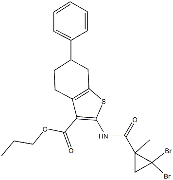 propyl 2-{[(2,2-dibromo-1-methylcyclopropyl)carbonyl]amino}-6-phenyl-4,5,6,7-tetrahydro-1-benzothiophene-3-carboxylate Structure