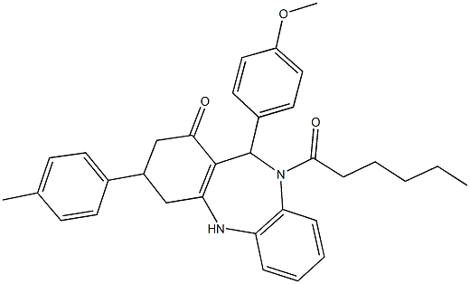 10-hexanoyl-11-(4-methoxyphenyl)-3-(4-methylphenyl)-2,3,4,5,10,11-hexahydro-1H-dibenzo[b,e][1,4]diazepin-1-one 구조식 이미지