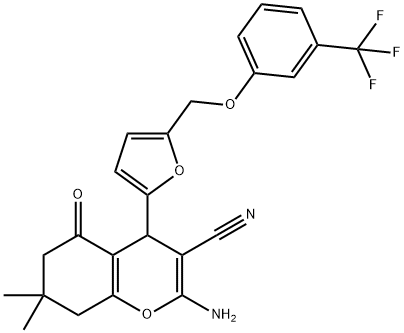 2-amino-7,7-dimethyl-5-oxo-4-(5-{[3-(trifluoromethyl)phenoxy]methyl}-2-furyl)-5,6,7,8-tetrahydro-4H-chromene-3-carbonitrile 구조식 이미지