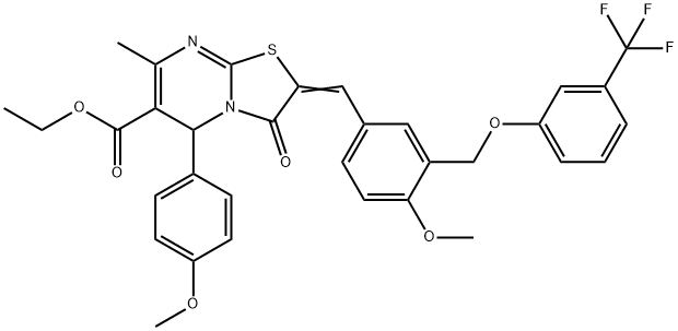 ethyl 5-(4-methoxyphenyl)-2-(4-methoxy-3-{[3-(trifluoromethyl)phenoxy]methyl}benzylidene)-7-methyl-3-oxo-2,3-dihydro-5H-[1,3]thiazolo[3,2-a]pyrimidine-6-carboxylate 구조식 이미지