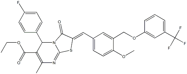 ethyl 5-(4-fluorophenyl)-2-(4-methoxy-3-{[3-(trifluoromethyl)phenoxy]methyl}benzylidene)-7-methyl-3-oxo-2,3-dihydro-5H-[1,3]thiazolo[3,2-a]pyrimidine-6-carboxylate Structure