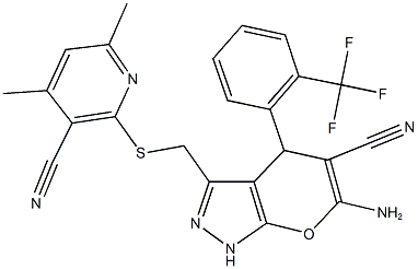 6-amino-3-{[(3-cyano-4,6-dimethyl-2-pyridinyl)sulfanyl]methyl}-4-[2-(trifluoromethyl)phenyl]-1,4-dihydropyrano[2,3-c]pyrazole-5-carbonitrile Structure