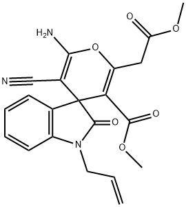 1-allyl-6'-amino-5'-cyano-1,3-dihydro-3'-methoxycarbonyl-2'-(2'-methoxy-2'-oxoethyl)-2-oxo-spiro[2H-indole-3,4'-(4'H)-pyran] 구조식 이미지