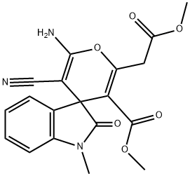 1-methyl-6'-amino-5'-cyano-1,3-dihydro-3'-methoxycarbonyl-2'-(2'-methoxy-2'-oxoethyl)-2-oxo-spiro[2H-indole-3,4'-(4'H)-pyran] 구조식 이미지