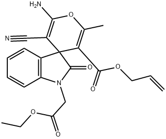 allyl 6-amino-5-cyano-1'-(2-ethoxy-2-oxoethyl)-2-methyl-2'-oxospiro[4H-pyran-4,3'-(2'H)-indole]-3-carboxylate 구조식 이미지