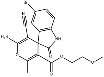 6-amino-5'-bromo-5-cyano-1',3'-dihydro-3-{2-methoxyethoxycarbonyl}-2-methyl-2'-oxospiro[4H-pyran-4,3'-(2'H)-indole] 구조식 이미지