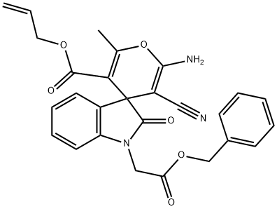 benzyl (3'-[(allyloxy)carbonyl]-6'-amino-5'-cyano-2,3-dihydro-2'-methyl-2-oxo-[1H-indole-3,4'-(4'H)-pyran]-1-yl)acetate 구조식 이미지