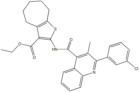 ethyl 2-({[2-(3-chlorophenyl)-3-methyl-4-quinolinyl]carbonyl}amino)-5,6,7,8-tetrahydro-4H-cyclohepta[b]thiophene-3-carboxylate 구조식 이미지