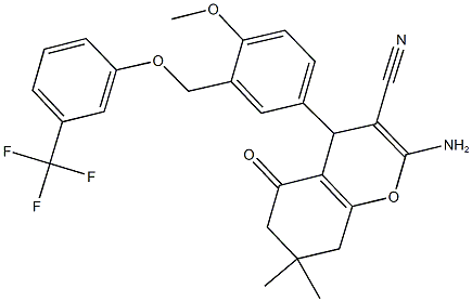 2-amino-4-(4-methoxy-3-{[3-(trifluoromethyl)phenoxy]methyl}phenyl)-7,7-dimethyl-5-oxo-5,6,7,8-tetrahydro-4H-chromene-3-carbonitrile 구조식 이미지