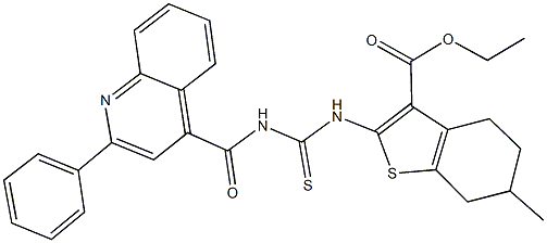 ethyl 6-methyl-2-[({[(2-phenyl-4-quinolinyl)carbonyl]amino}carbothioyl)amino]-4,5,6,7-tetrahydro-1-benzothiophene-3-carboxylate 구조식 이미지