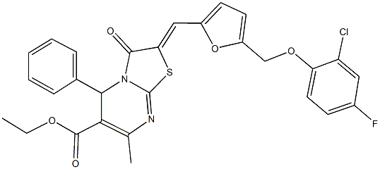 ethyl 2-({5-[(2-chloro-4-fluorophenoxy)methyl]-2-furyl}methylene)-7-methyl-3-oxo-5-phenyl-2,3-dihydro-5H-[1,3]thiazolo[3,2-a]pyrimidine-6-carboxylate Structure