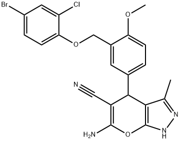 6-amino-4-{3-[(4-bromo-2-chlorophenoxy)methyl]-4-methoxyphenyl}-3-methyl-1,4-dihydropyrano[2,3-c]pyrazole-5-carbonitrile Structure