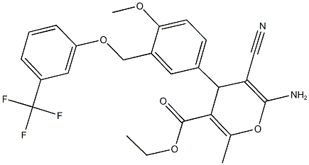 ethyl 6-amino-5-cyano-4-(4-methoxy-3-{[3-(trifluoromethyl)phenoxy]methyl}phenyl)-2-methyl-4H-pyran-3-carboxylate 구조식 이미지