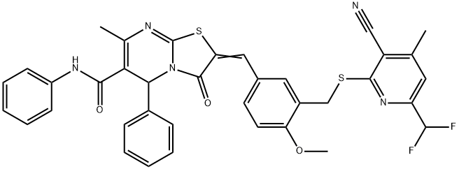 2-[3-({[3-cyano-6-(difluoromethyl)-4-methyl-2-pyridinyl]sulfanyl}methyl)-4-methoxybenzylidene]-7-methyl-3-oxo-N,5-diphenyl-2,3-dihydro-5H-[1,3]thiazolo[3,2-a]pyrimidine-6-carboxamide 구조식 이미지