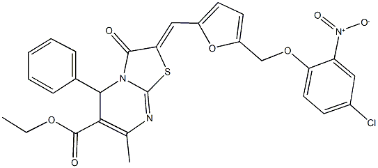 ethyl 2-{[5-({4-chloro-2-nitrophenoxy}methyl)-2-furyl]methylene}-7-methyl-3-oxo-5-phenyl-2,3-dihydro-5H-[1,3]thiazolo[3,2-a]pyrimidine-6-carboxylate 구조식 이미지